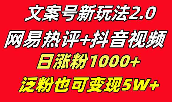 (3484期）文案号新玩法 网易热评+抖音文案 一天涨粉1000+ 多种变现模式 泛粉也可变现-北少网创