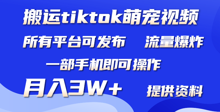 (4618期）搬运Tiktok萌宠类视频，一部手机即可。所有短视频平台均可操作，月入3W+-北少说钱
